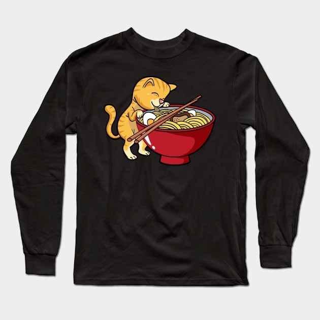 Kawaii Cat Eating Ramen Bowl Long Sleeve T-Shirt by Zone32